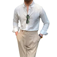 Langarm-Leinenhemd mit Button-Down-Kragen für Herren - Weiß