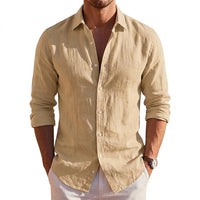 Langarm-Leinenhemd mit Knopfleiste für Herren - Khaki