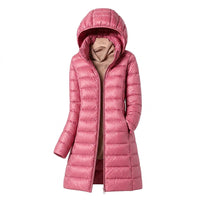 Lange Damen-Steppjacke mit Kapuze - Rosa