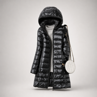Lange Damen-Steppjacke mit Kapuze - Schwarz