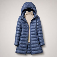 Lange Damen-Steppjacke mit Kapuze - Blau