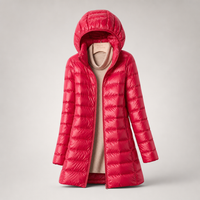 Lange Damen-Steppjacke mit Kapuze - Fuchsia