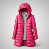 Lange Damen-Steppjacke mit Kapuze - Burgunderrot