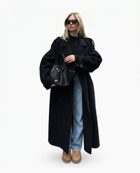 Langer Damen-Trenchcoat mit Gürtelmanschetten - Schwarz