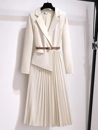 Larissa | Damen Plissee Midikleid mit Gürtel - Beige