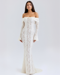 Lea | Damen Figurbetontes Off-Shoulder Maxi Hochzeitsgast Kleid - Weiß