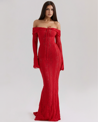Lea | Damen Figurbetontes Off-Shoulder Maxi Hochzeitsgast Kleid - Rot