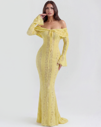Lea | Damen Figurbetontes Off-Shoulder Maxi Hochzeitsgast Kleid - Gelb