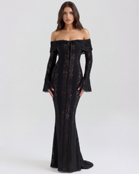 Lea | Damen Figurbetontes Off-Shoulder Maxi Hochzeitsgast Kleid - Schwarz