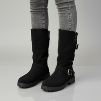 Lea | Damen Robuste Wadenlange Schnallen Stiefel - Schwarz