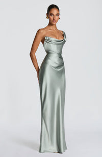Leni | Damen Figurbetontes One-Shoulder Satin Abendkleid - Grau