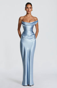 Leni | Damen Figurbetontes One-Shoulder Satin Abendkleid - Blau