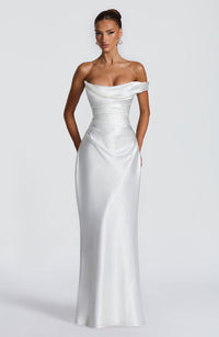 Leni | Damen Figurbetontes One-Shoulder Satin Abendkleid - Weiß