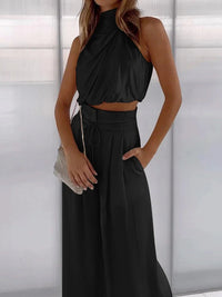 Leona | Damen Zweiteiler Neckholder Crop Top Weite Hose - Schwarz
