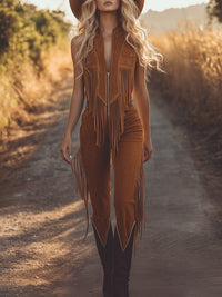 Leonie | Damen Fransen Jumpsuit mit Reißverschluss - Braun