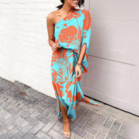 Leonie | Damen One-Shoulder Blumenprint Maxikleid - Türkis