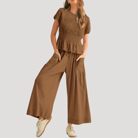 Lillian | Damen Kurzarm Zweiteiler Set Weite Hose - Braun
