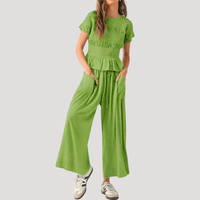 Lillian | Damen Kurzarm Zweiteiler Set Weite Hose - Grün