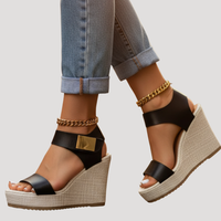 Linnea | Damen Plateau Sandalen mit Keilabsatz und Knöchelriemen - Schwarz