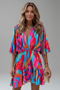 Linnea | Damen Wickel Mini Kleid mit Taillengürtel - Mehrfarbig
