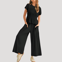Lirette | Damen Zweiteiler Peplum Top Weite Hose Set - Schwarz
