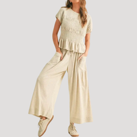 Lirette | Damen Zweiteiler Peplum Top Weite Hose Set - Aprikose