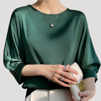 Lysandra | Damen Rundhals Langarm Bluse - Dunkelgrün