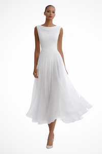 Gianna | Damen Elegantes Hochzeitsgast Kleid mit Boat Neck - Weiss