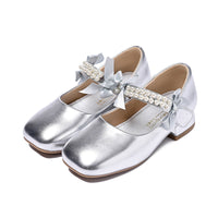 Mädchen-Ballerinas mit Perlenriemen und Schleifendetail - Silber