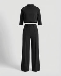 Maiken | Damen Zweiteiler Crop Top Weite Hose Set - Schwarz