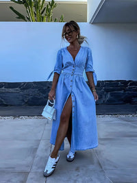 Clarina | Damen Kleid Tiefer V-Ausschnitt Seitenschlitz – Tiefer V-Neck Slit Kleid - Blue