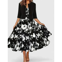 Melanie | Damen Florales Muster Midikleid mit Strickjacke - Schwarz