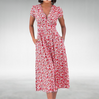 Margot | Damen V-Ausschnitt Blumenmuster Midikleid - Rot