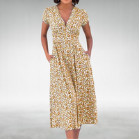 Margot | Damen V-Ausschnitt Blumenmuster Midikleid - Gelb