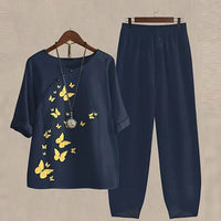 Lisanne | Damen Zweiteiler Set Schmetterlingsprint Hose - Dunkel Blau