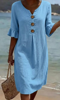 Marlene | Midikleid mit Holzknöpfen und Rüschenärmeln - Blau