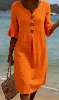 Marlene | Midikleid mit Holzknöpfen und Rüschenärmeln - Orange