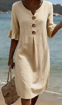 Marlene | Midikleid mit Holzknöpfen und Rüschenärmeln - Apricot
