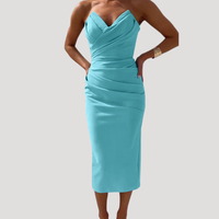 Marlies | Damen Schulterfreies Geraftes Midikleid - Hellblau
