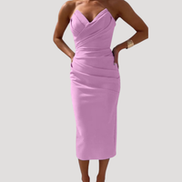 Marlies | Damen Schulterfreies Geraftes Midikleid - Rosa