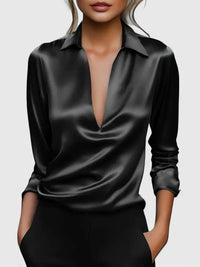 Marlies | Damen V-Ausschnitt Langarm Bluse - Schwarz