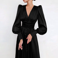 Marlina | Damen V-Ausschnitt Langarm Midikleid - Schwarz