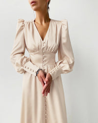 Marlina | Damen V-Ausschnitt Langarm Midikleid - Beige