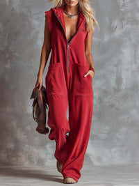 Marlinka | Damen Kapuzen Jumpsuit mit Reißverschluss - Rot