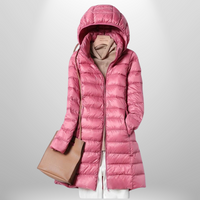 Martina | Damen Gesteppte Lange Kapuze Daunenjacke - Rosa