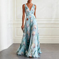 Mathilde | Damen V-Ausschnitt Maxikleid Blumenmuster - Hellblau