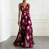 Mathilde | Damen V-Ausschnitt Maxikleid Blumenmuster - Burgunder