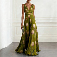 Mathilde | Damen V-Ausschnitt Maxikleid Blumenmuster - Grün