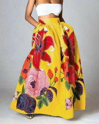 Maxi-Rock mit floralem Design – Hoher Bund und praktische Taschen - Schwarz