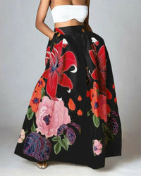 Maxi-Rock mit floralem Design – Hoher Bund und praktische Taschen - Gelb